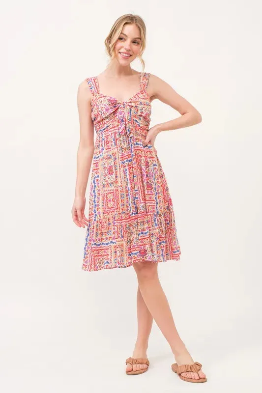 Boho Printed Dress with Tied Front and Tiered Skirt