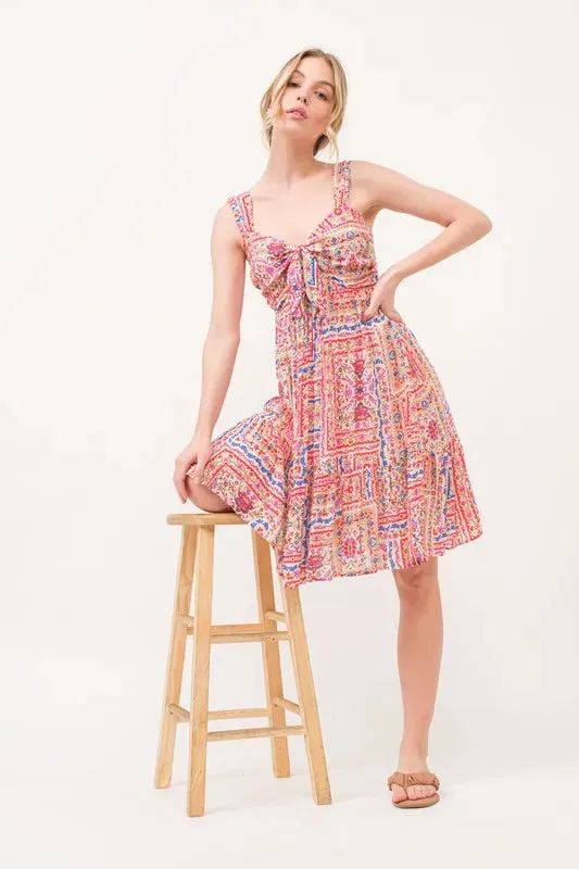Boho Printed Dress with Tied Front and Tiered Skirt