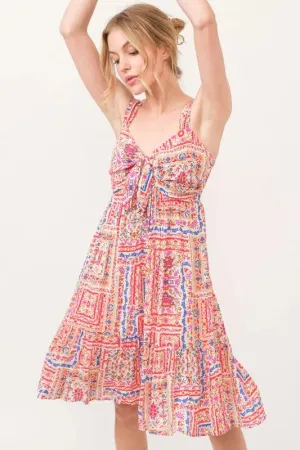 Boho Printed Dress with Tied Front and Tiered Skirt