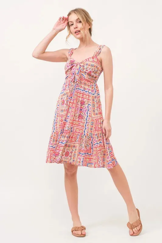 Boho Printed Dress with Tied Front and Tiered Skirt