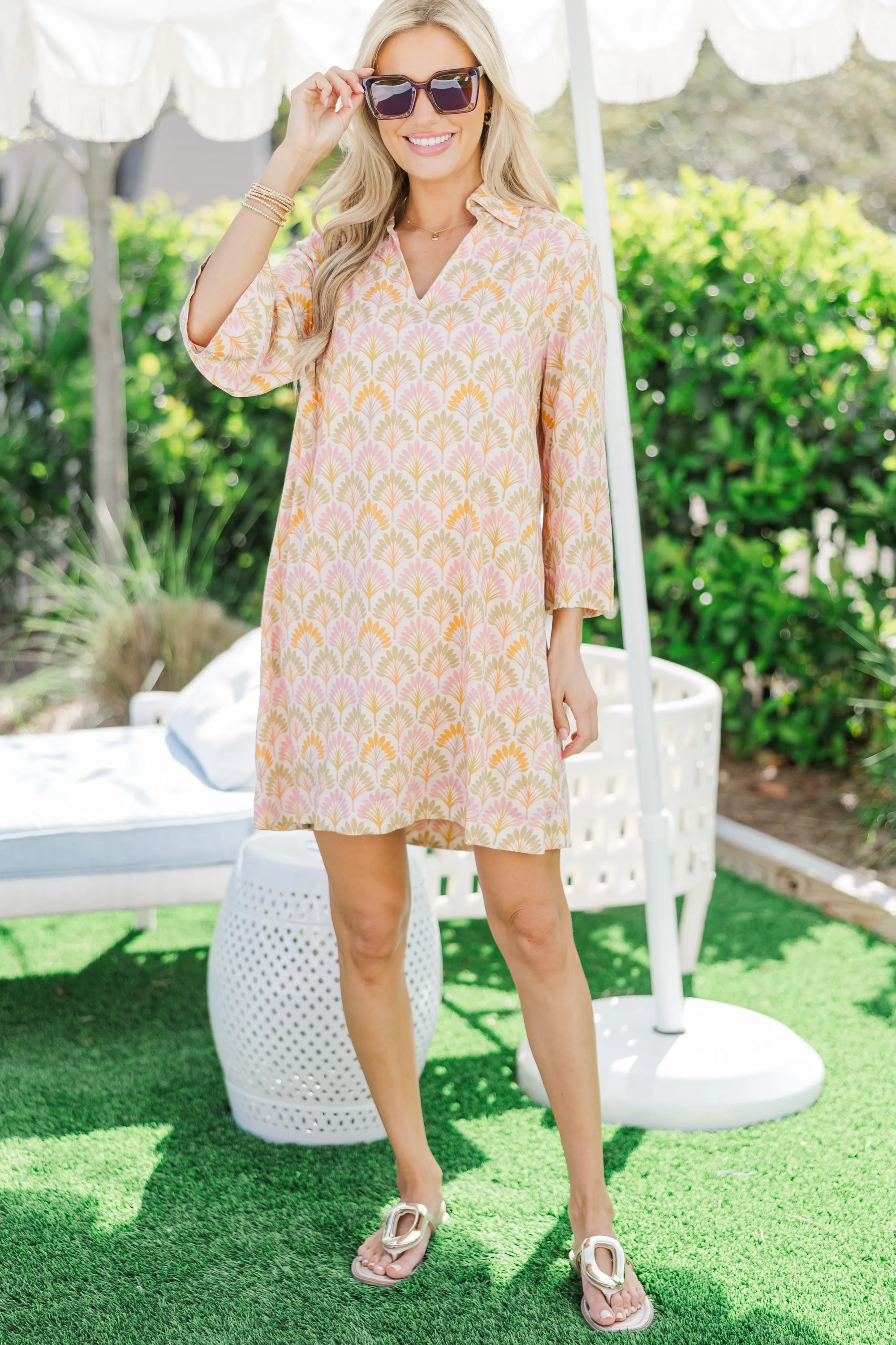 Build You Up Peach Fan Medallion Dress