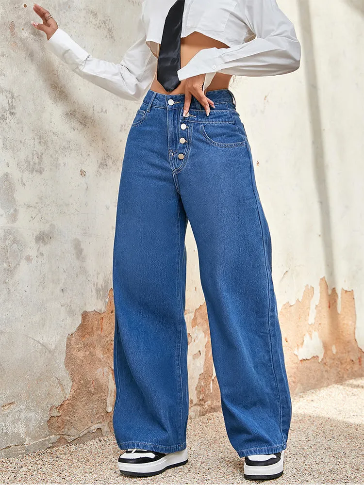 Casual High-Waist Single-Breasted Wide-Leg Denim Pants