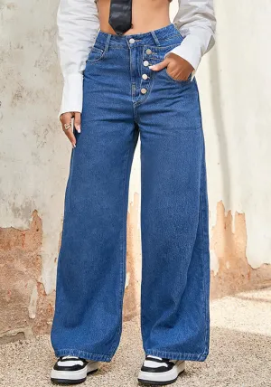 Casual High-Waist Single-Breasted Wide-Leg Denim Pants