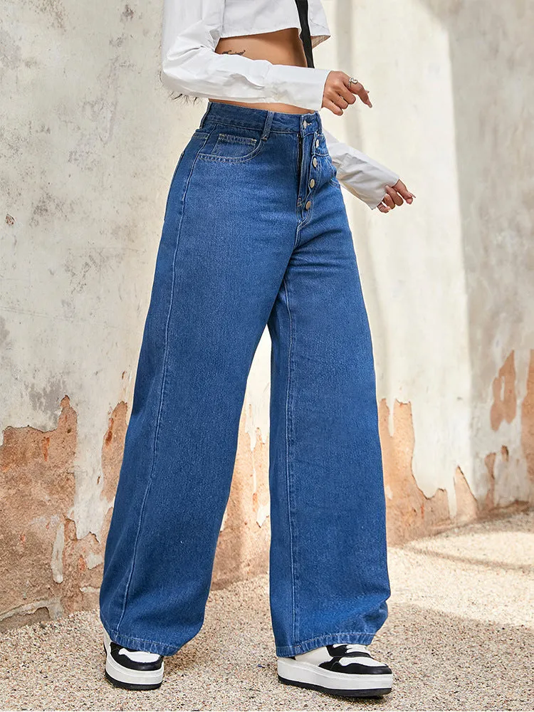Casual High-Waist Single-Breasted Wide-Leg Denim Pants