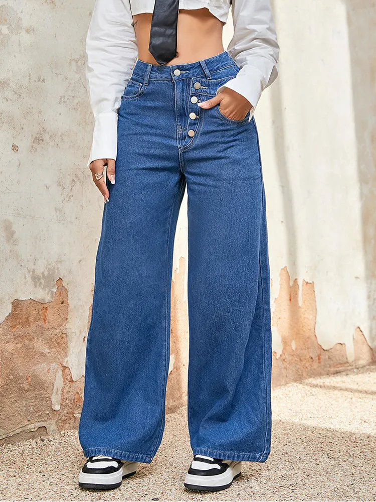 Casual High-Waist Single-Breasted Wide-Leg Denim Pants