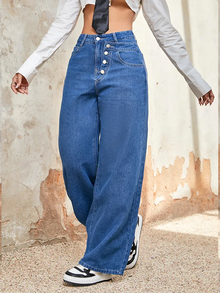 Casual High-Waist Single-Breasted Wide-Leg Denim Pants