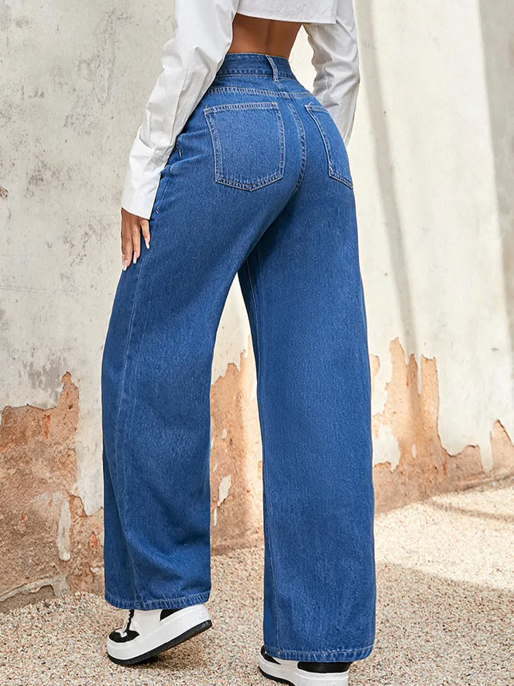 Casual High-Waist Single-Breasted Wide-Leg Denim Pants