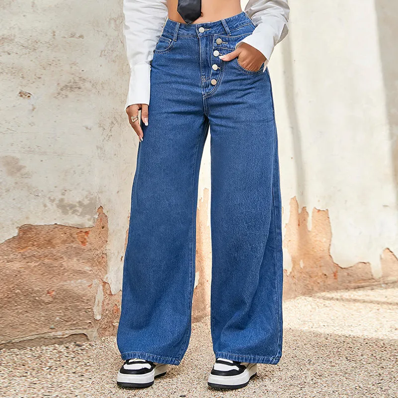 Casual High-Waist Single-Breasted Wide-Leg Denim Pants
