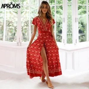 Casual Side Split Long Beach Maxi Dress With V-neck
