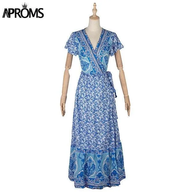 Casual Side Split Long Beach Maxi Dress With V-neck