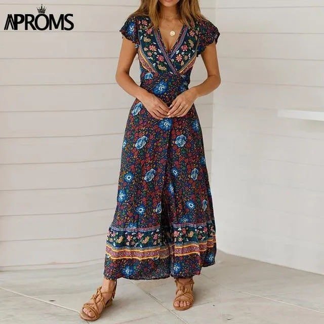 Casual Side Split Long Beach Maxi Dress With V-neck