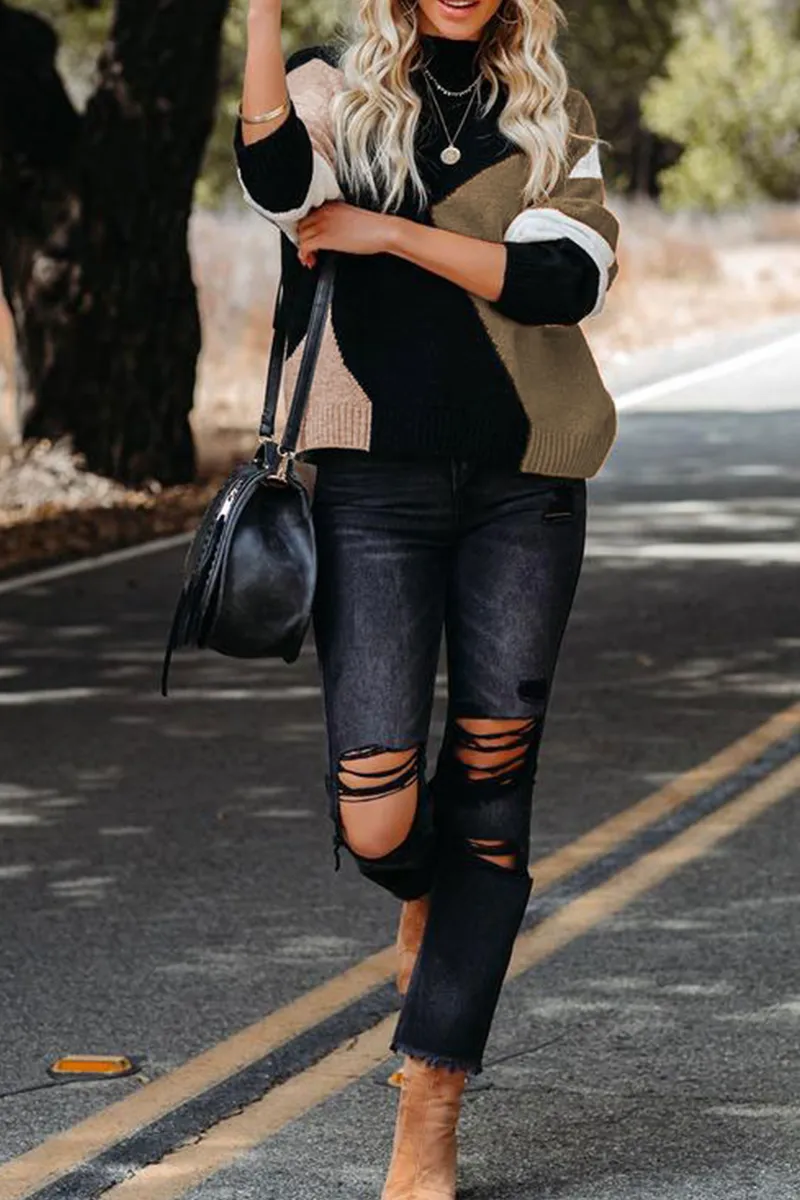 Casual Solid Patchwork Half A Turtleneck Sweater(5 Colors)