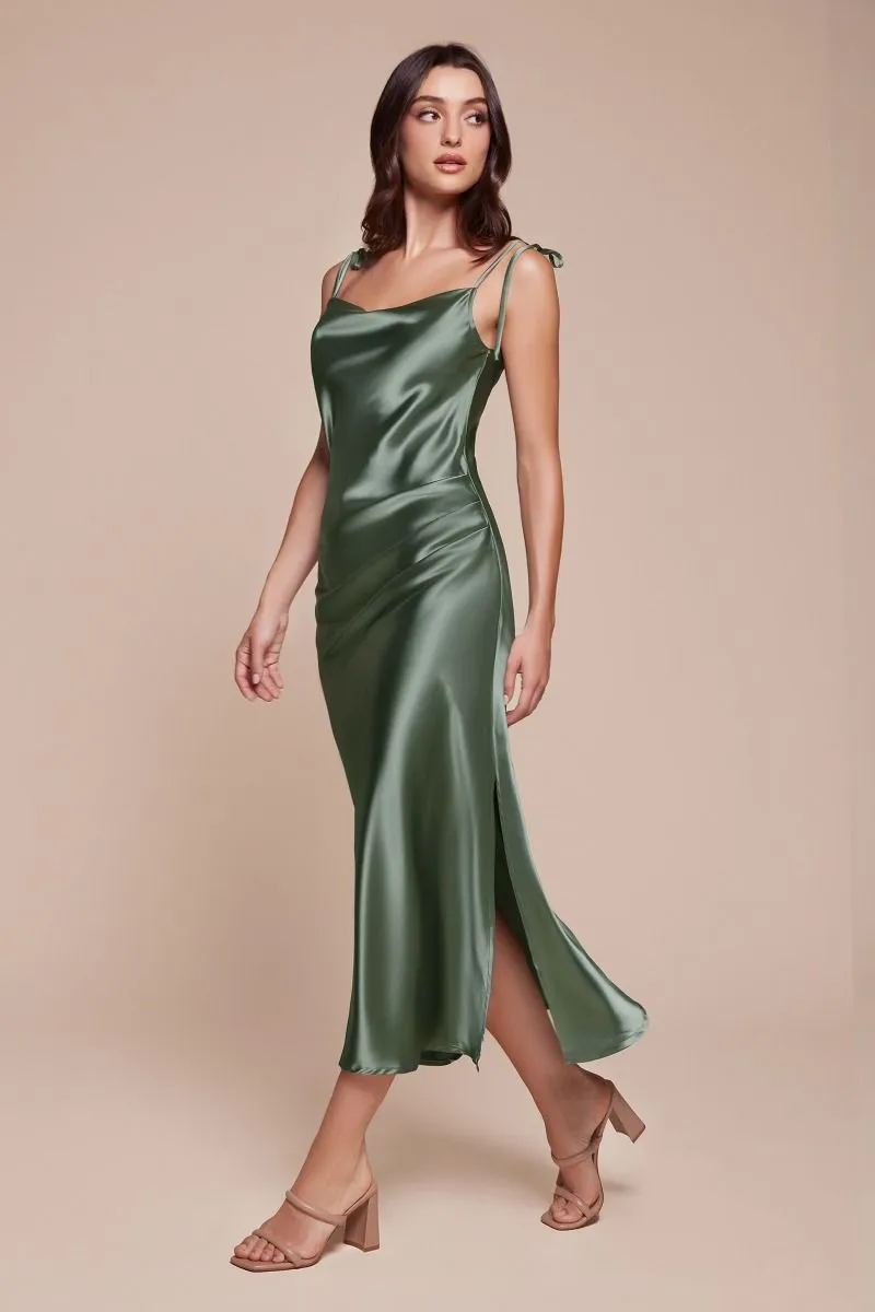 CD BD103 - Midi Length Satin Fitted Slip Dress with Draped Cowl Neck Adjustable Spaghetti Straps & Leg Slit