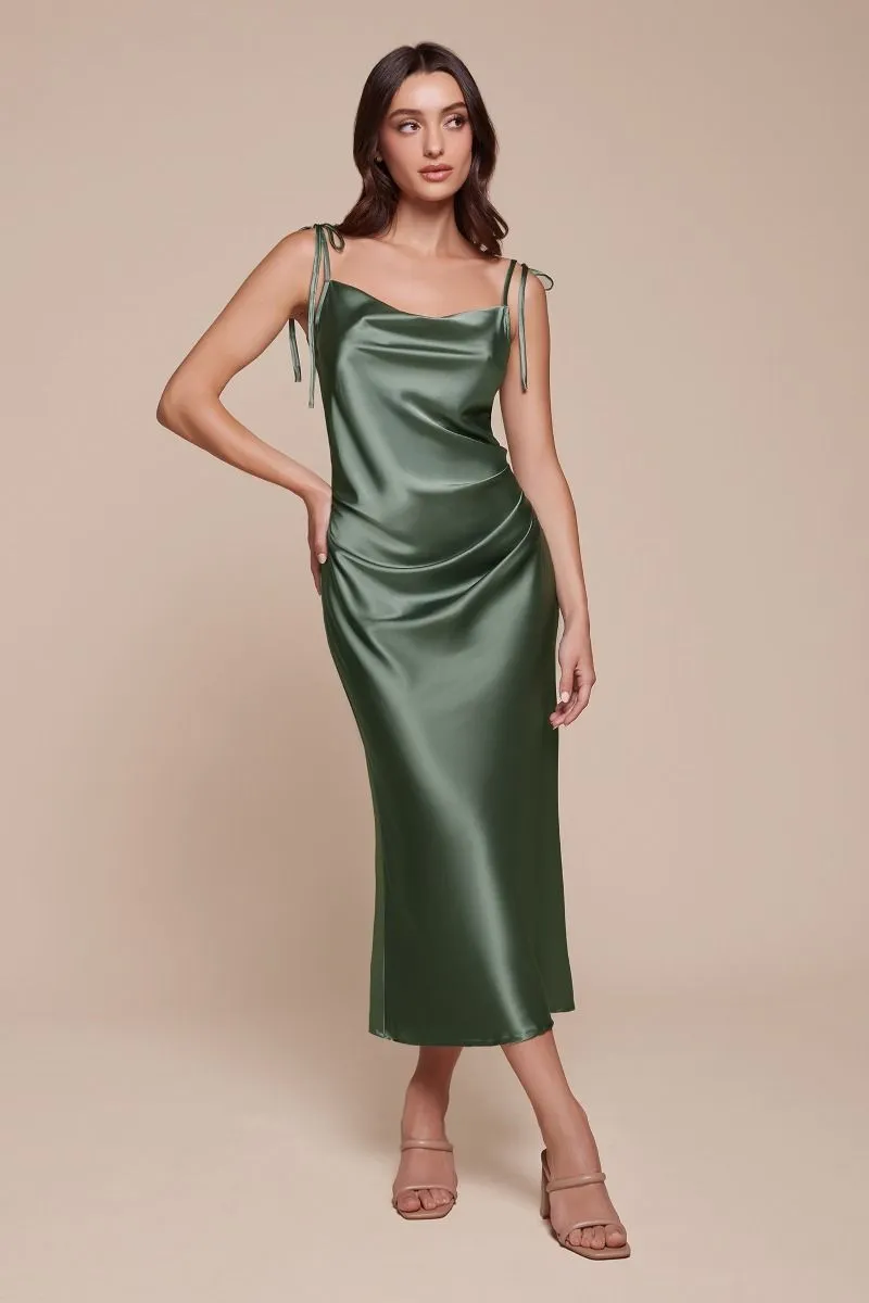 CD BD103 - Midi Length Satin Fitted Slip Dress with Draped Cowl Neck Adjustable Spaghetti Straps & Leg Slit