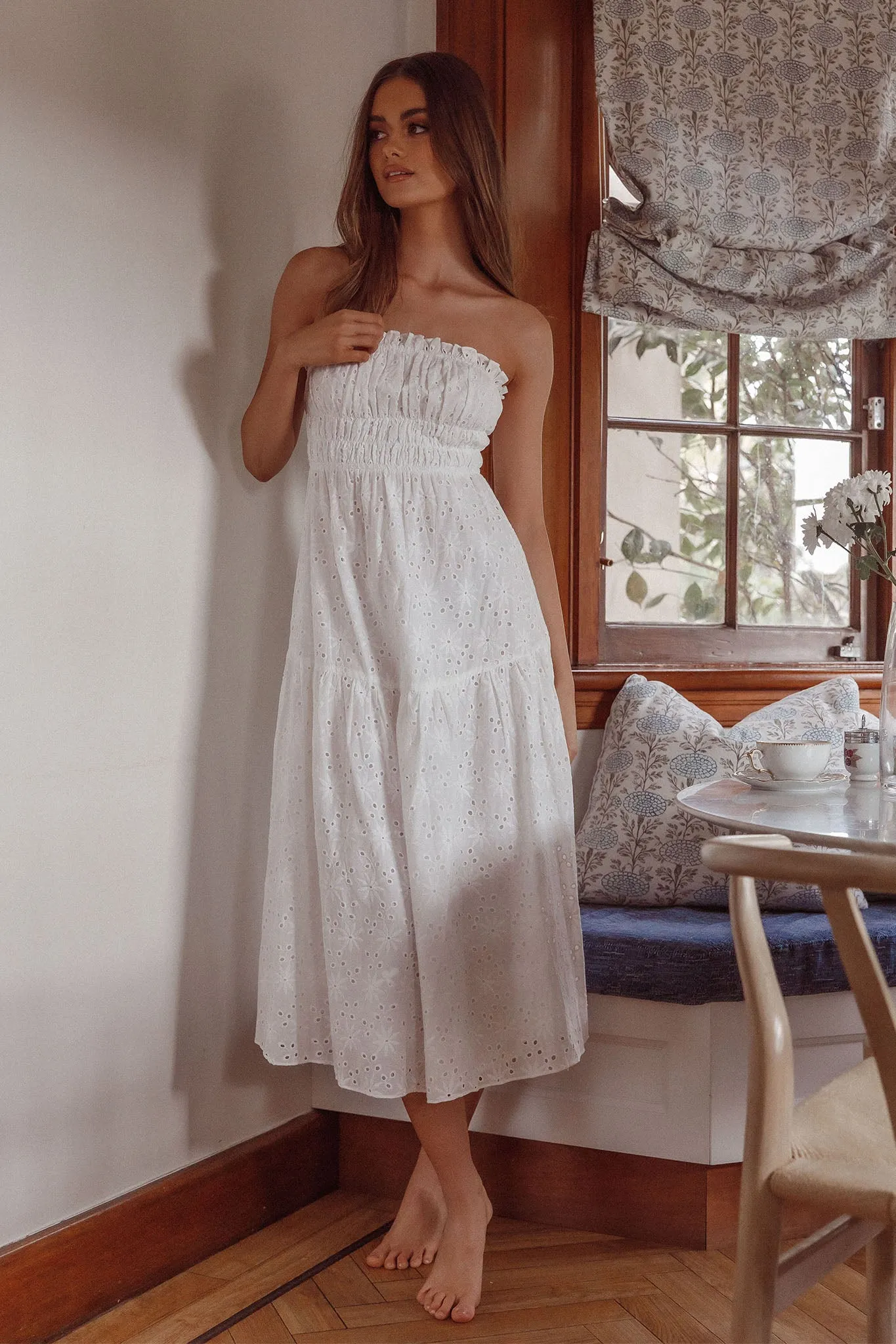 Chasing Sunshine Strapless Midi Dress White