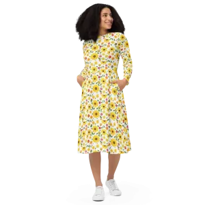 Chic Vibrant Yellow Long Sleeve Midi Dress