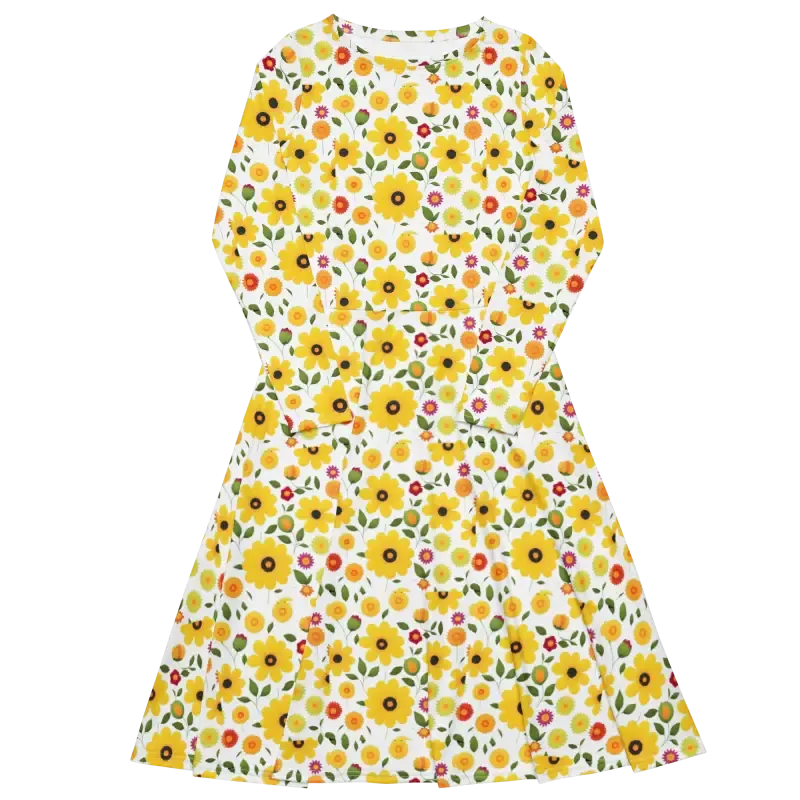 Chic Vibrant Yellow Long Sleeve Midi Dress
