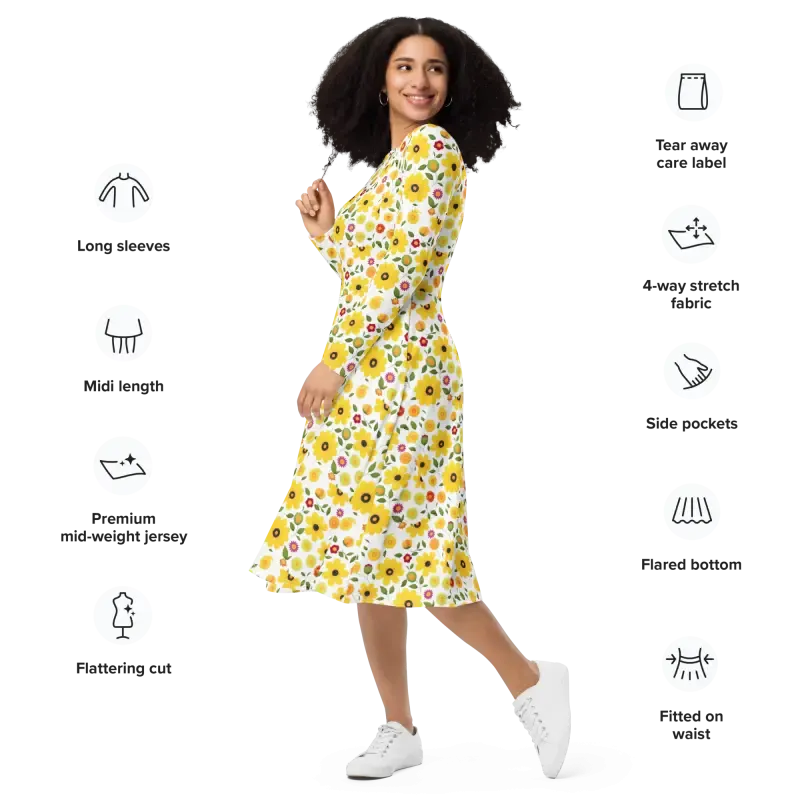 Chic Vibrant Yellow Long Sleeve Midi Dress
