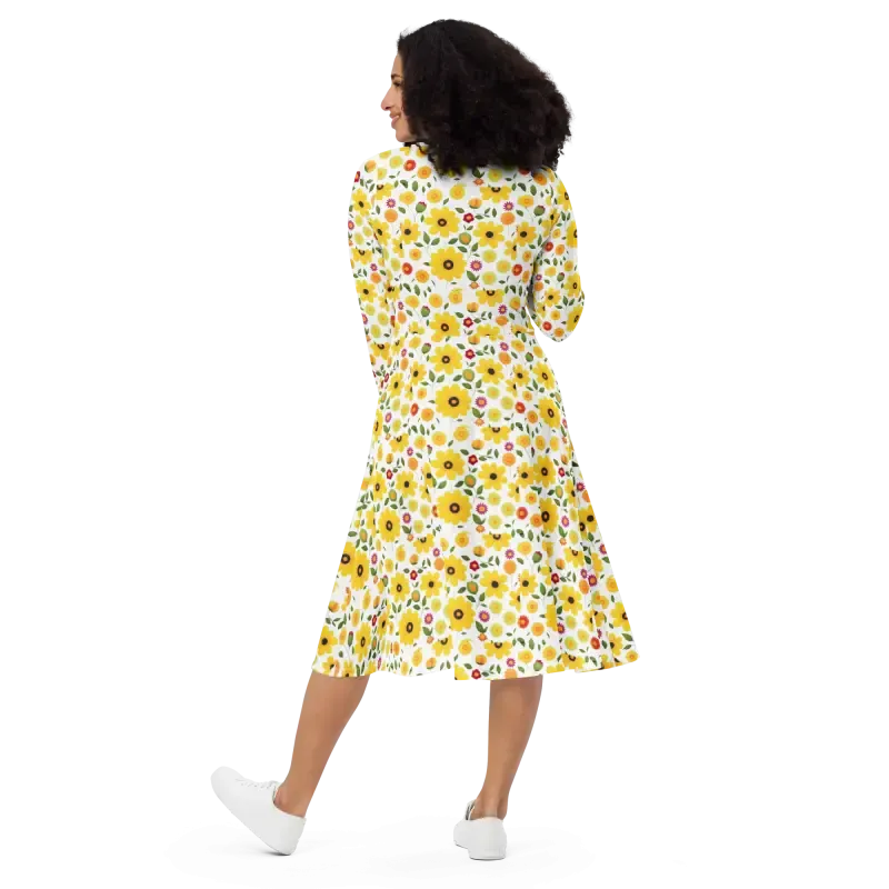 Chic Vibrant Yellow Long Sleeve Midi Dress