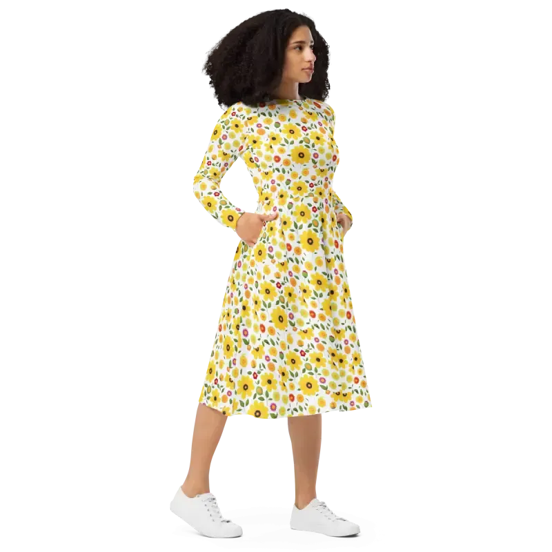 Chic Vibrant Yellow Long Sleeve Midi Dress