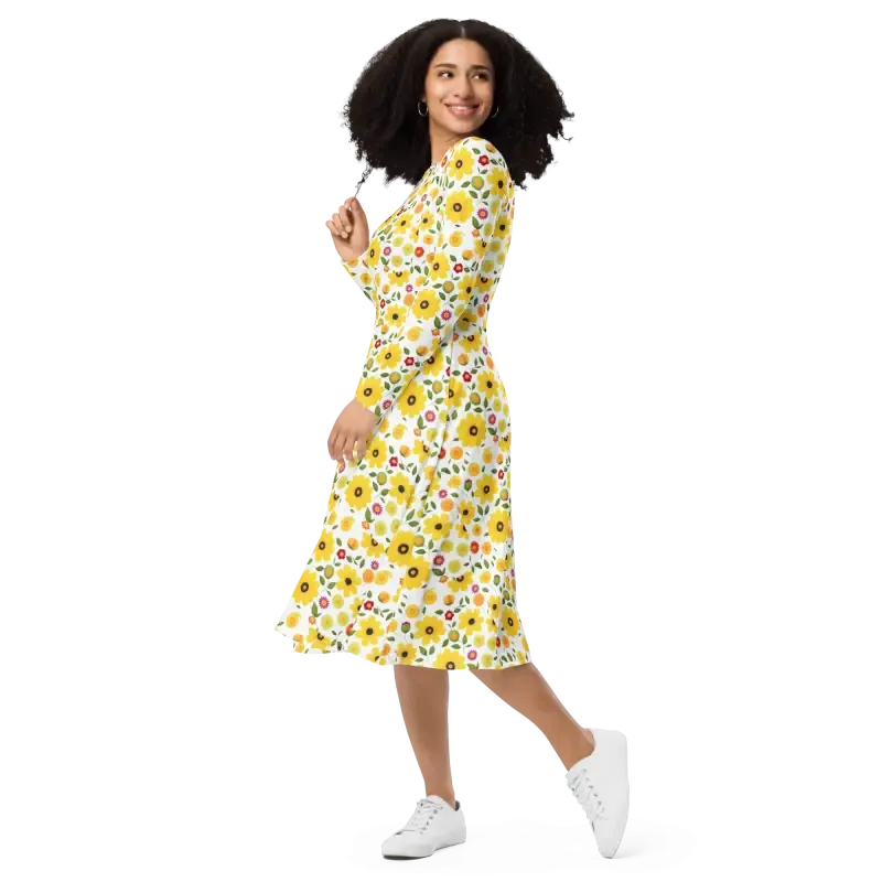 Chic Vibrant Yellow Long Sleeve Midi Dress