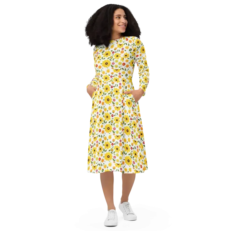 Chic Vibrant Yellow Long Sleeve Midi Dress