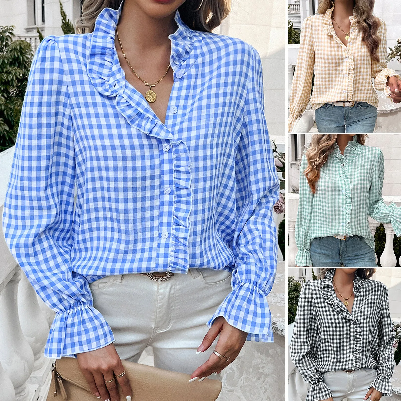 Contrast Button Shirts Ruffle Collar Palid Tops Wholesale Womens Clothing N3824062400015