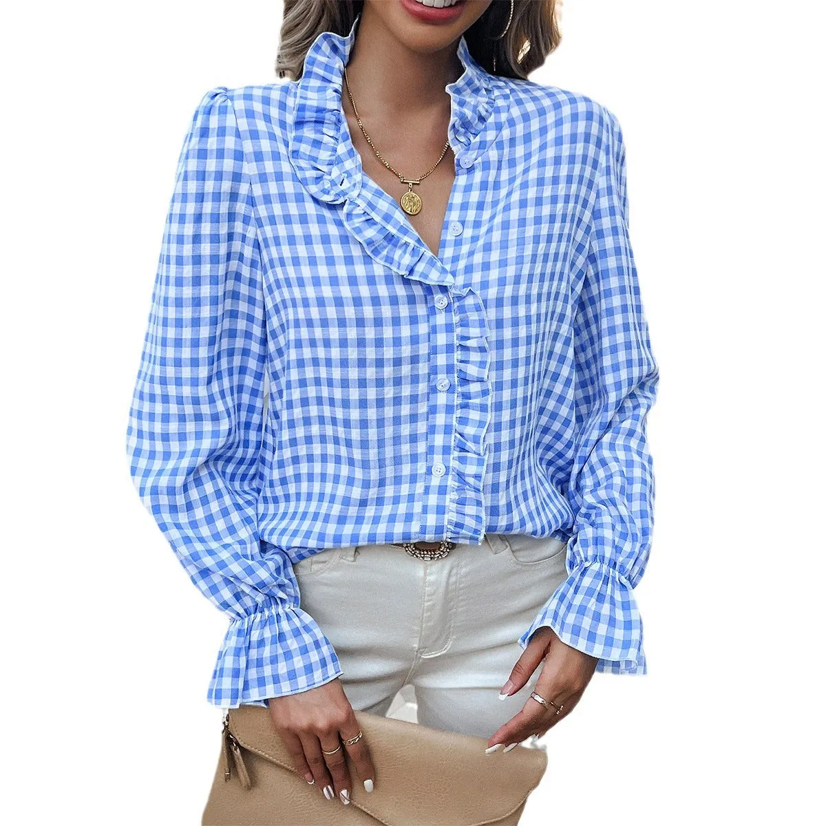 Contrast Button Shirts Ruffle Collar Palid Tops Wholesale Womens Clothing N3824062400015
