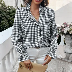 Contrast Button Shirts Ruffle Collar Palid Tops Wholesale Womens Clothing N3824062400015