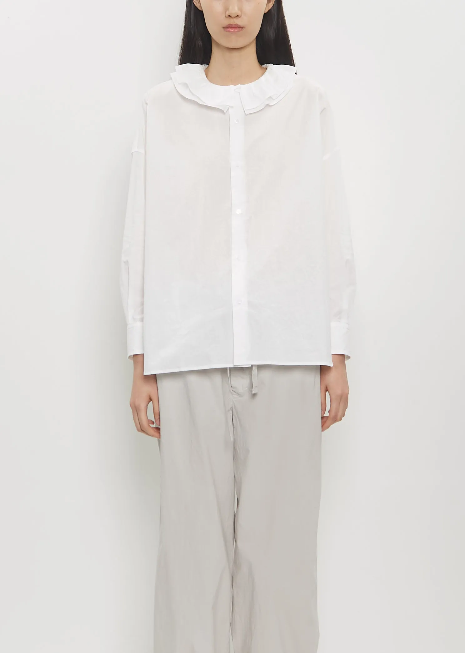 Cotton Ruffle Collar Baggy Shirt — White