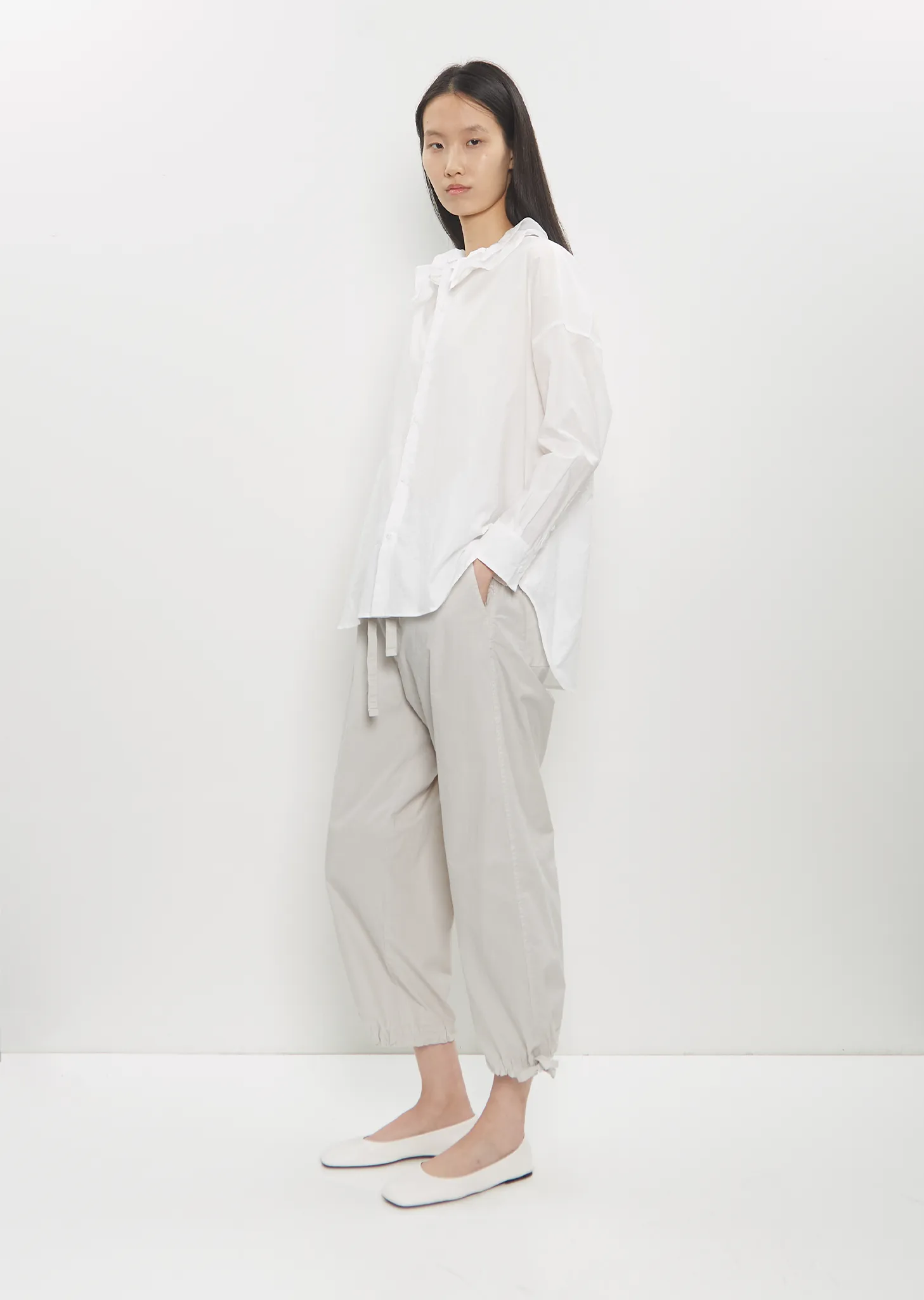 Cotton Ruffle Collar Baggy Shirt — White