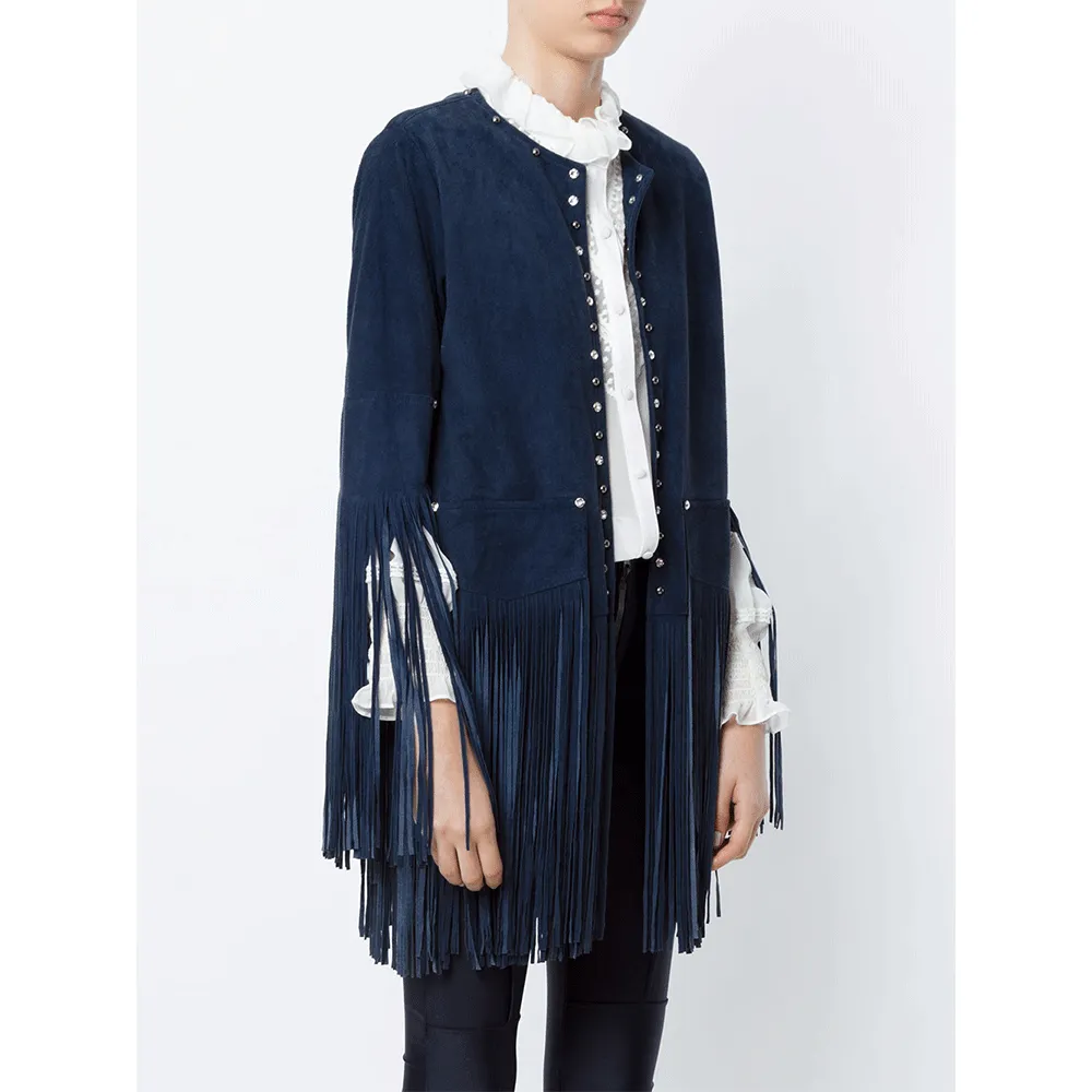 Cowgirl Western Fringe Blue Suede Leather Studs Tank Top Jacket for Women LBJ312