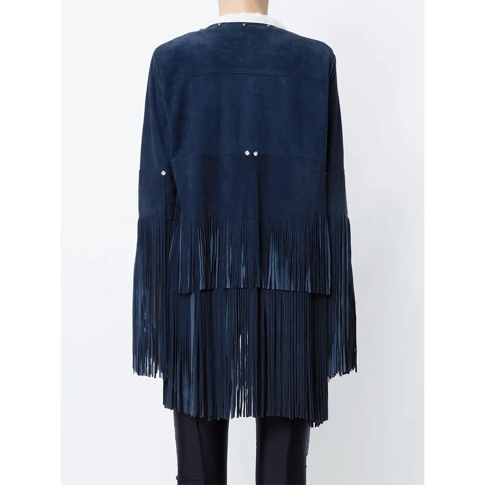Cowgirl Western Fringe Blue Suede Leather Studs Tank Top Jacket for Women LBJ312