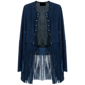 Cowgirl Western Fringe Blue Suede Leather Studs Tank Top Jacket for Women LBJ312