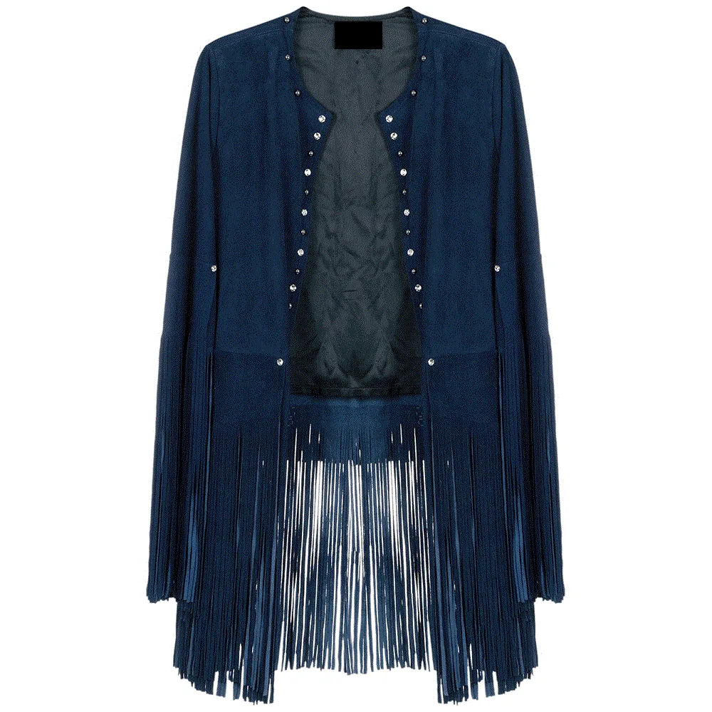 Cowgirl Western Fringe Blue Suede Leather Studs Tank Top Jacket for Women LBJ312