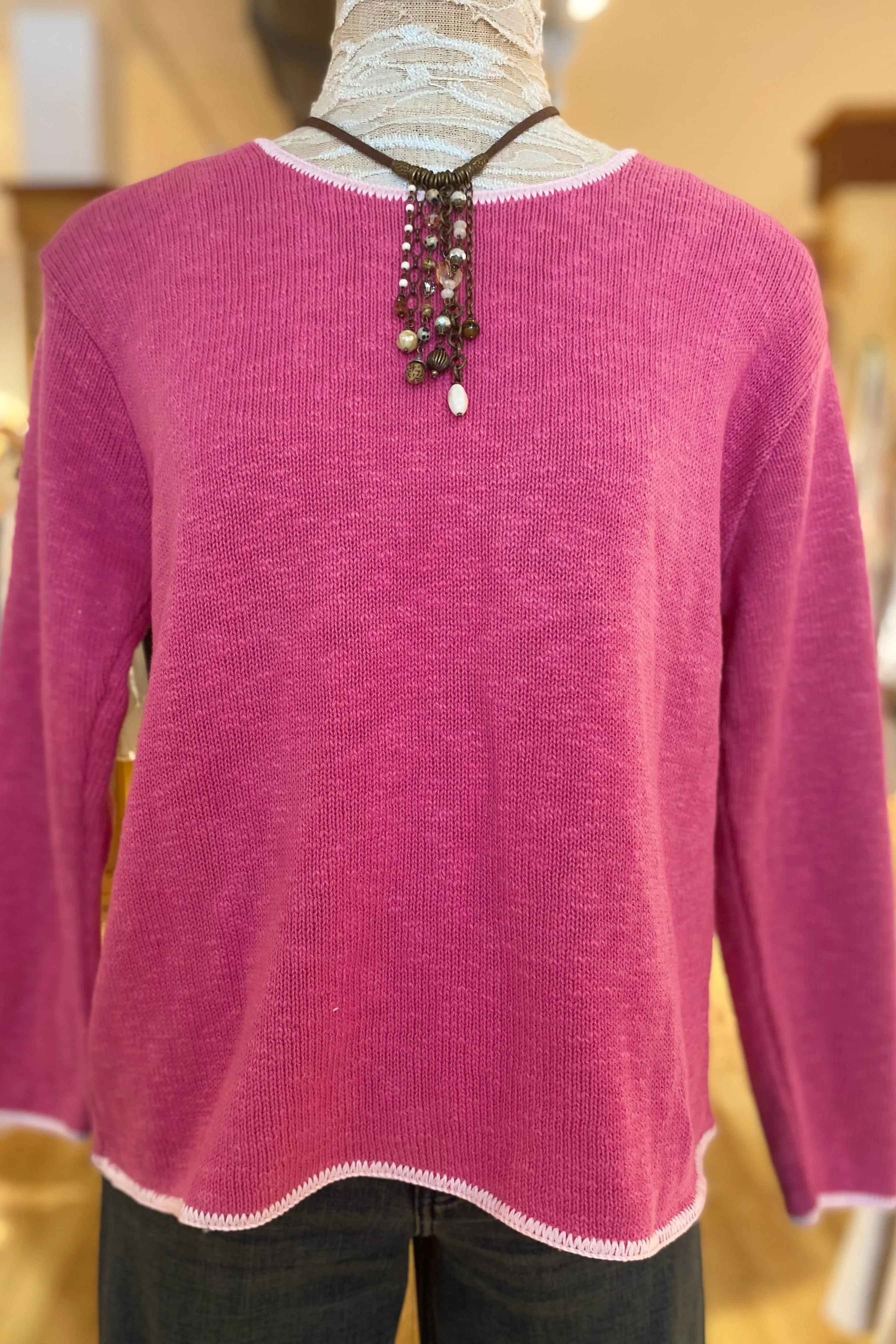 Crew Neck Cotton Sweater with Piping