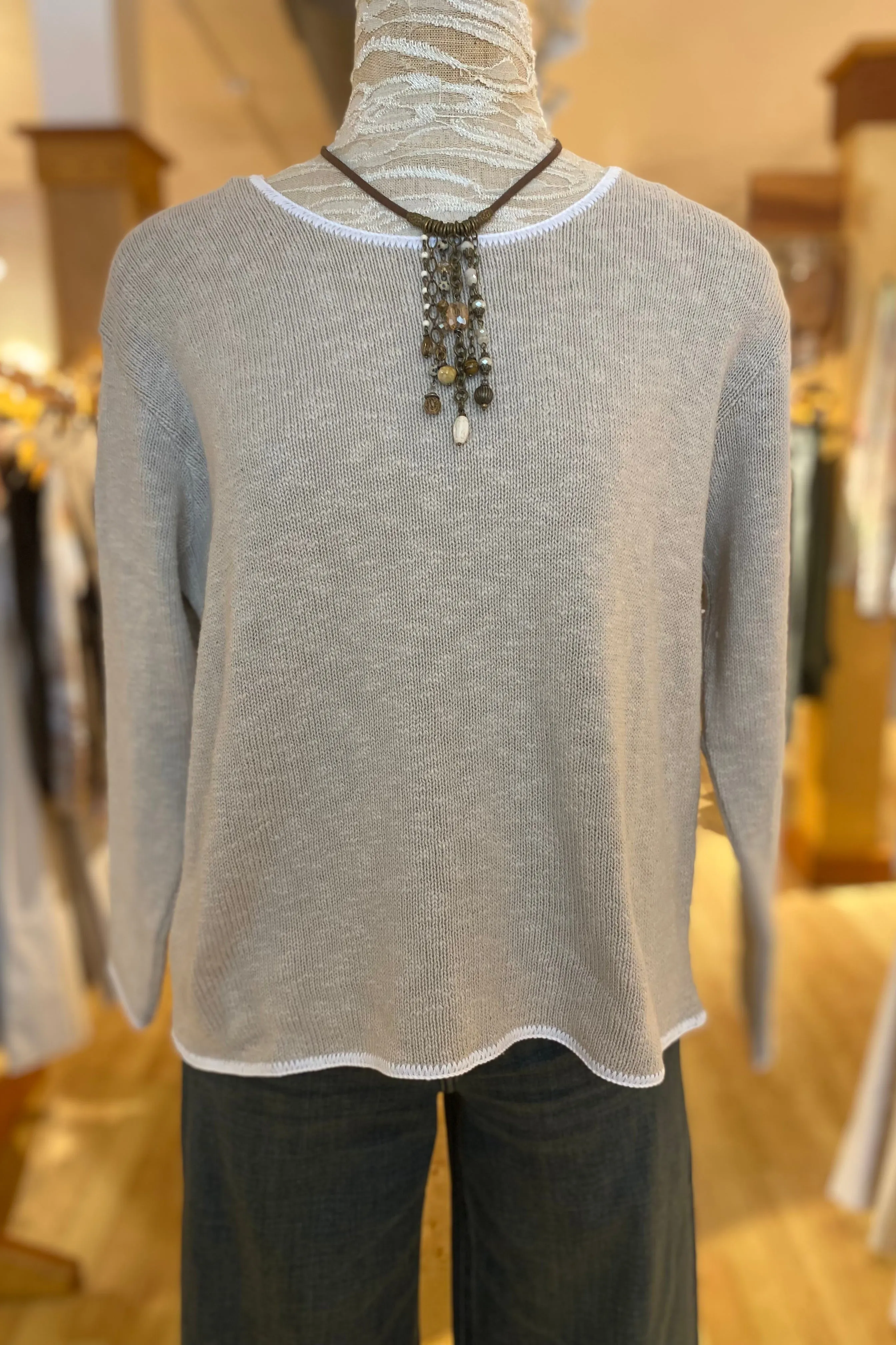 Crew Neck Cotton Sweater with Piping