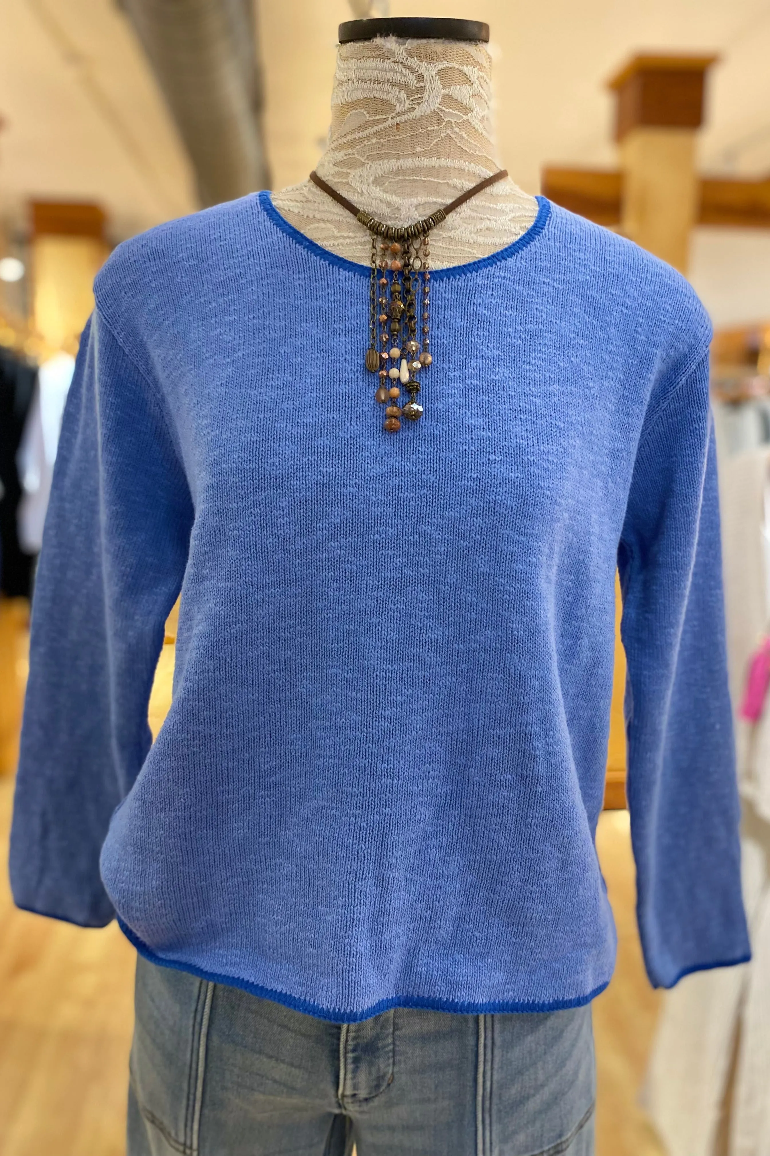 Crew Neck Cotton Sweater with Piping