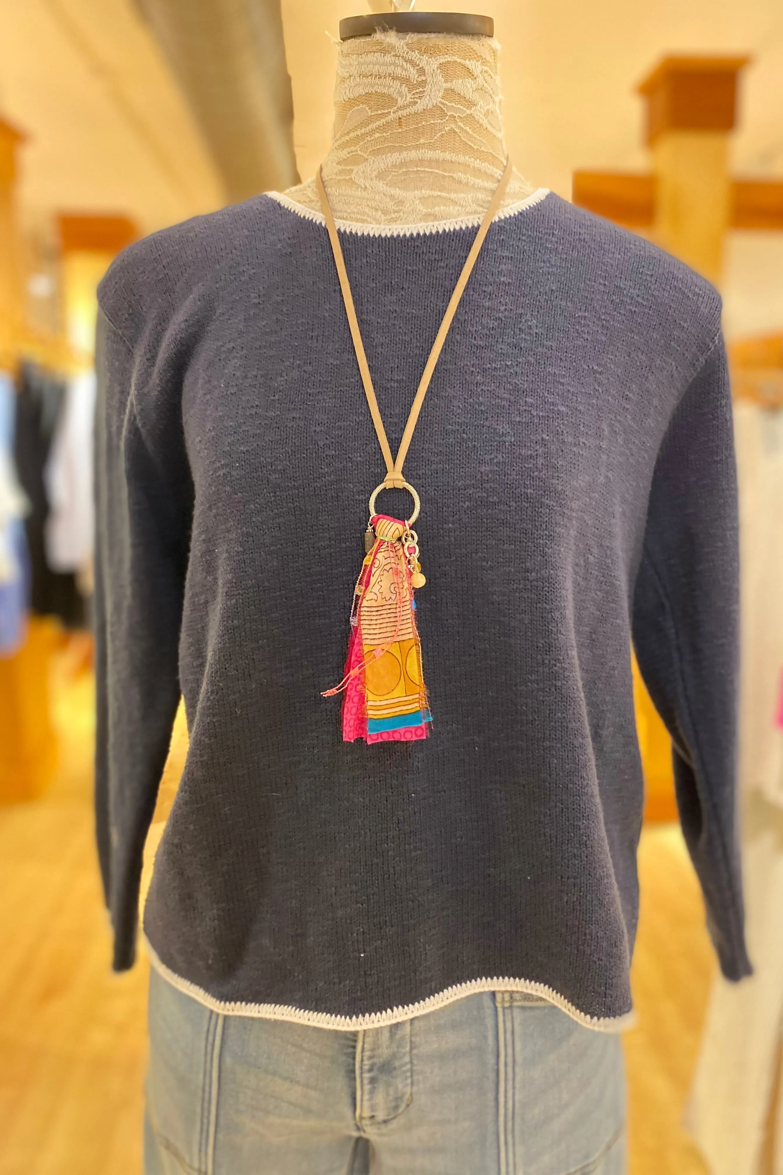 Crew Neck Cotton Sweater with Piping