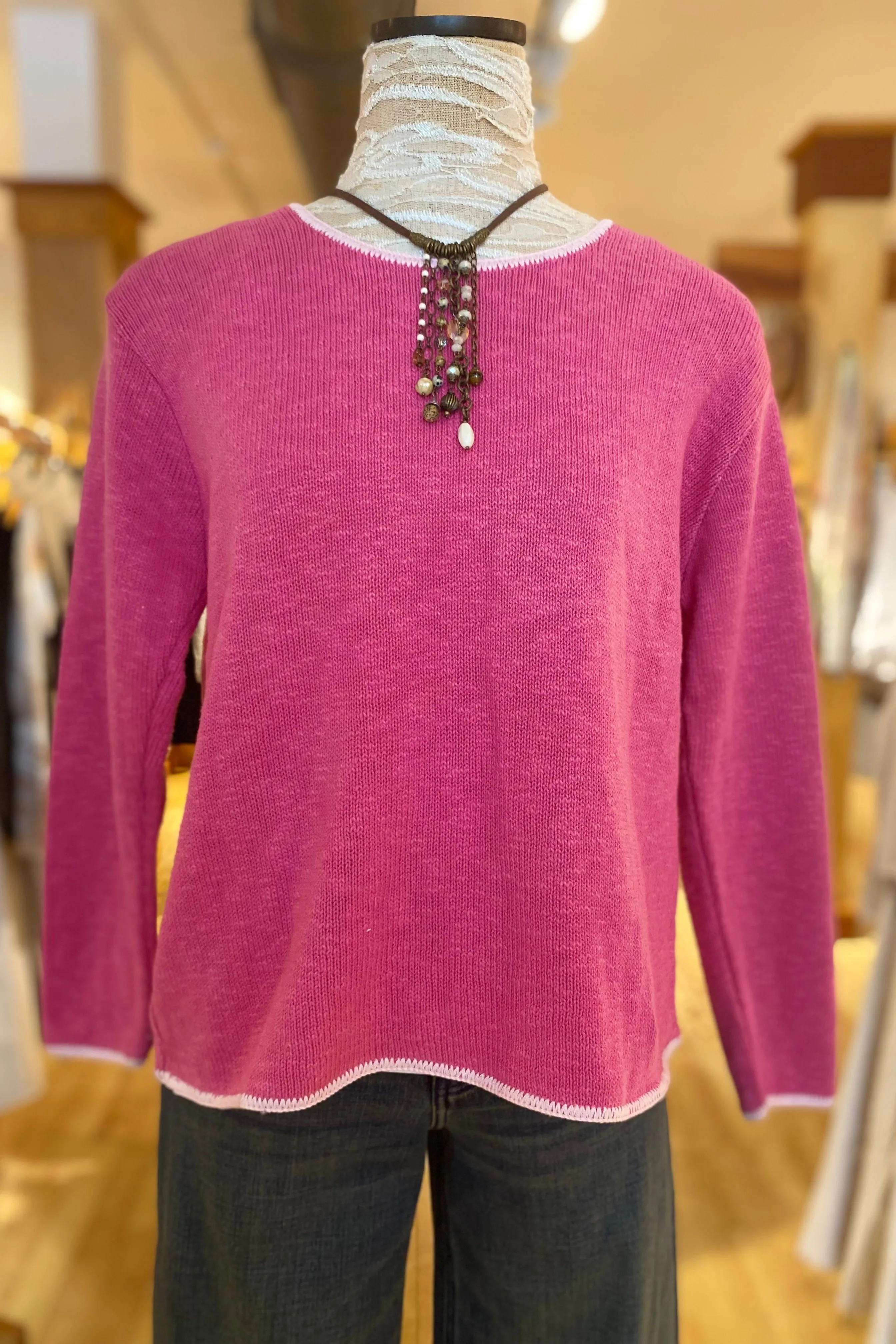 Crew Neck Cotton Sweater with Piping