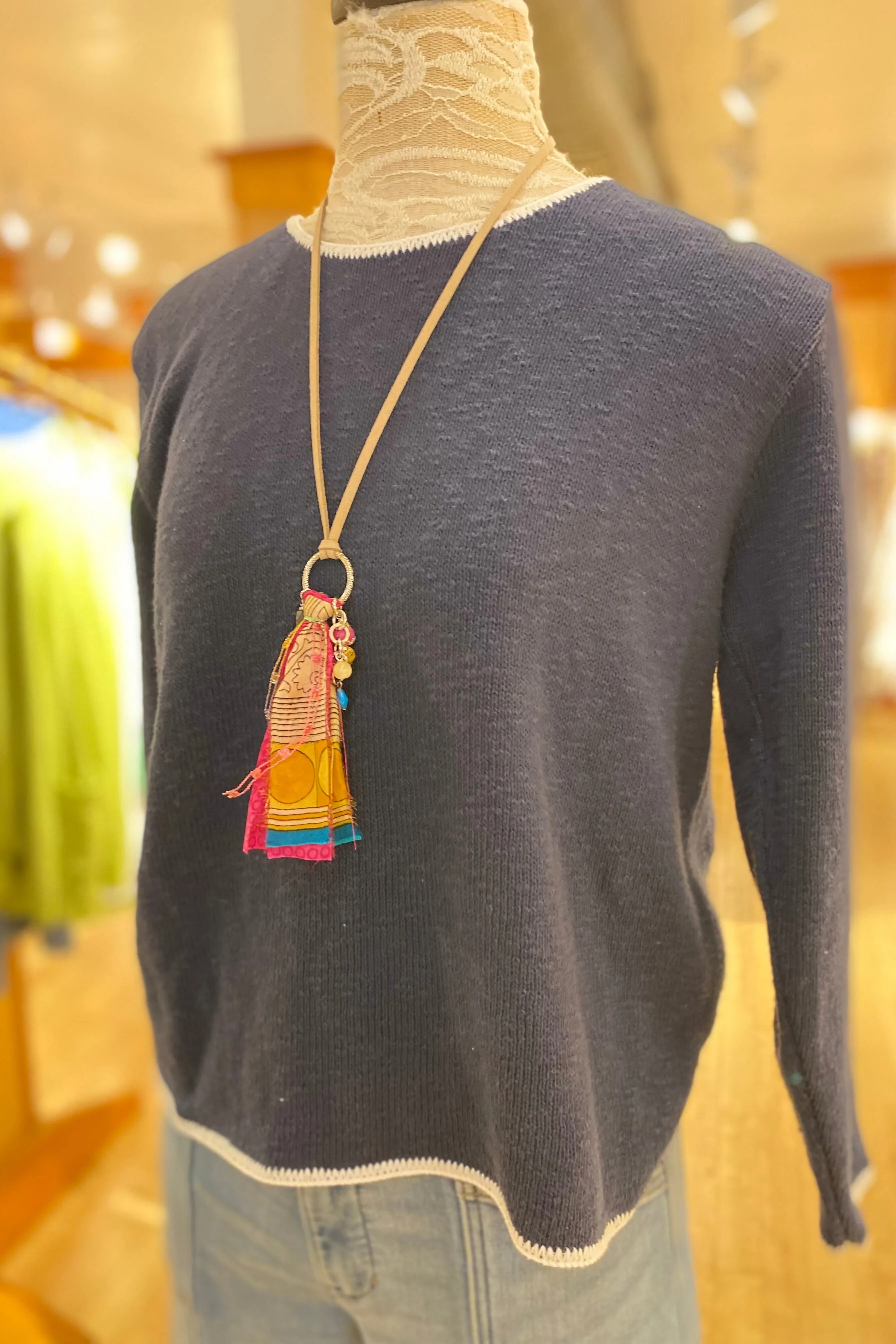 Crew Neck Cotton Sweater with Piping