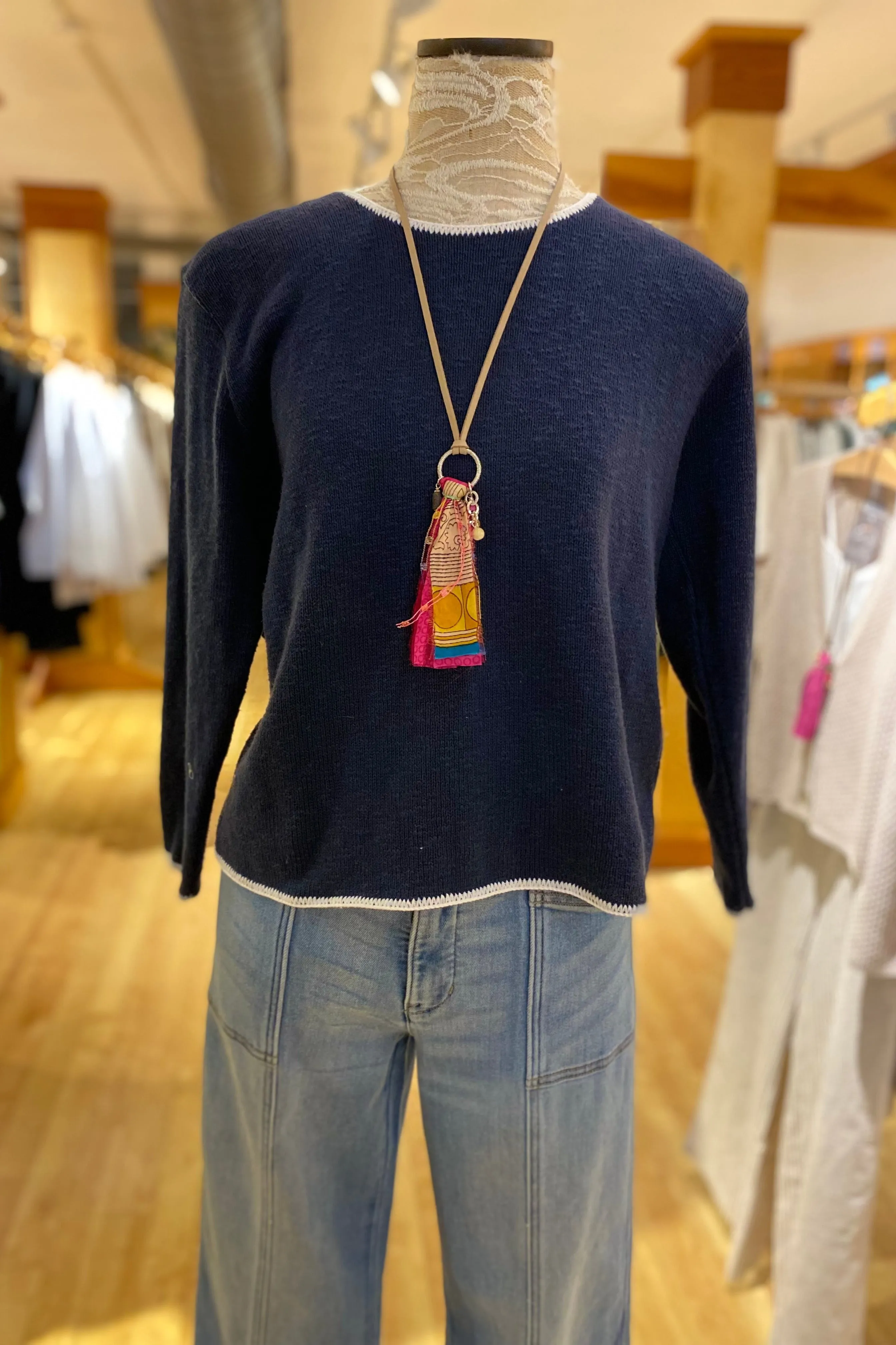 Crew Neck Cotton Sweater with Piping