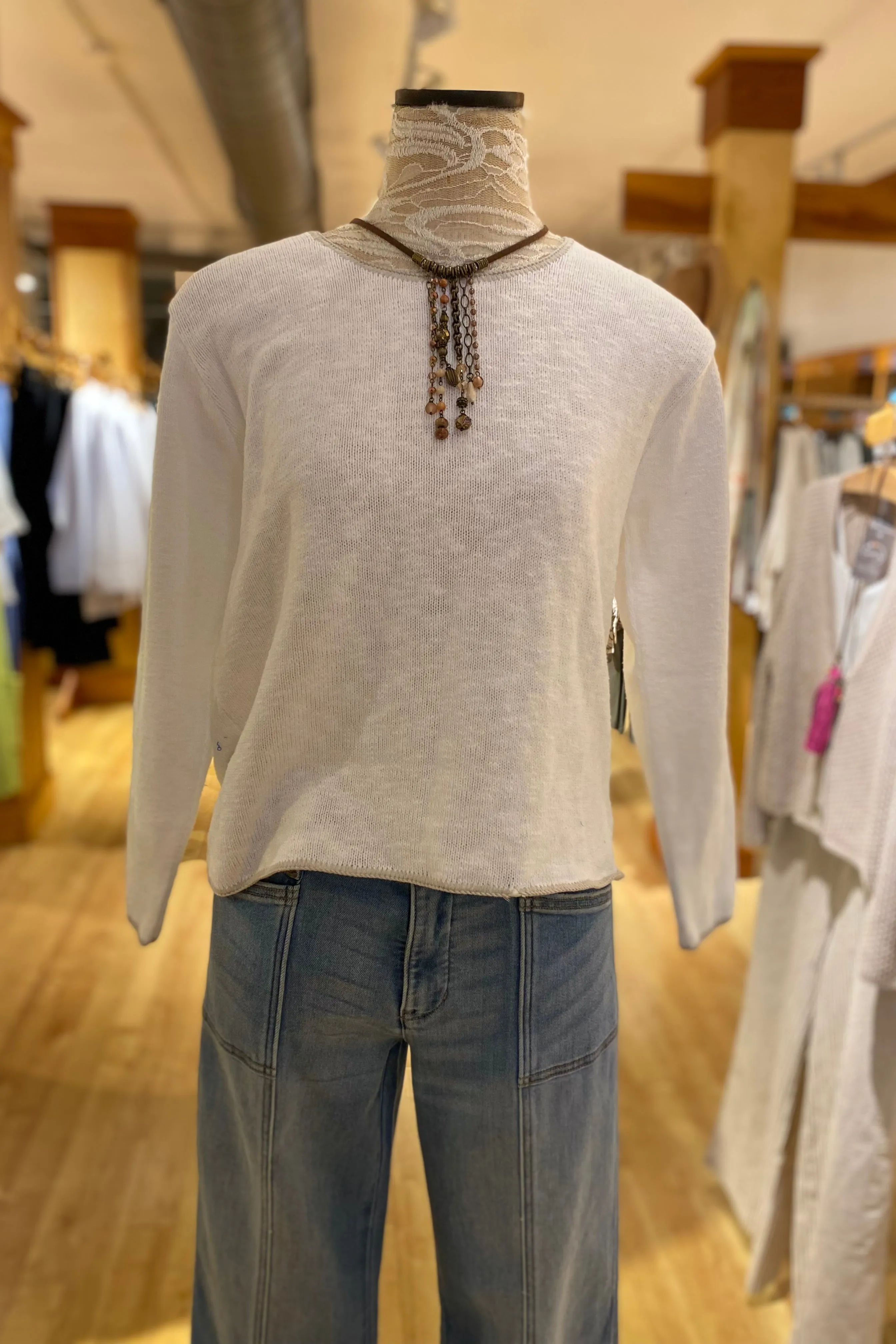 Crew Neck Cotton Sweater with Piping