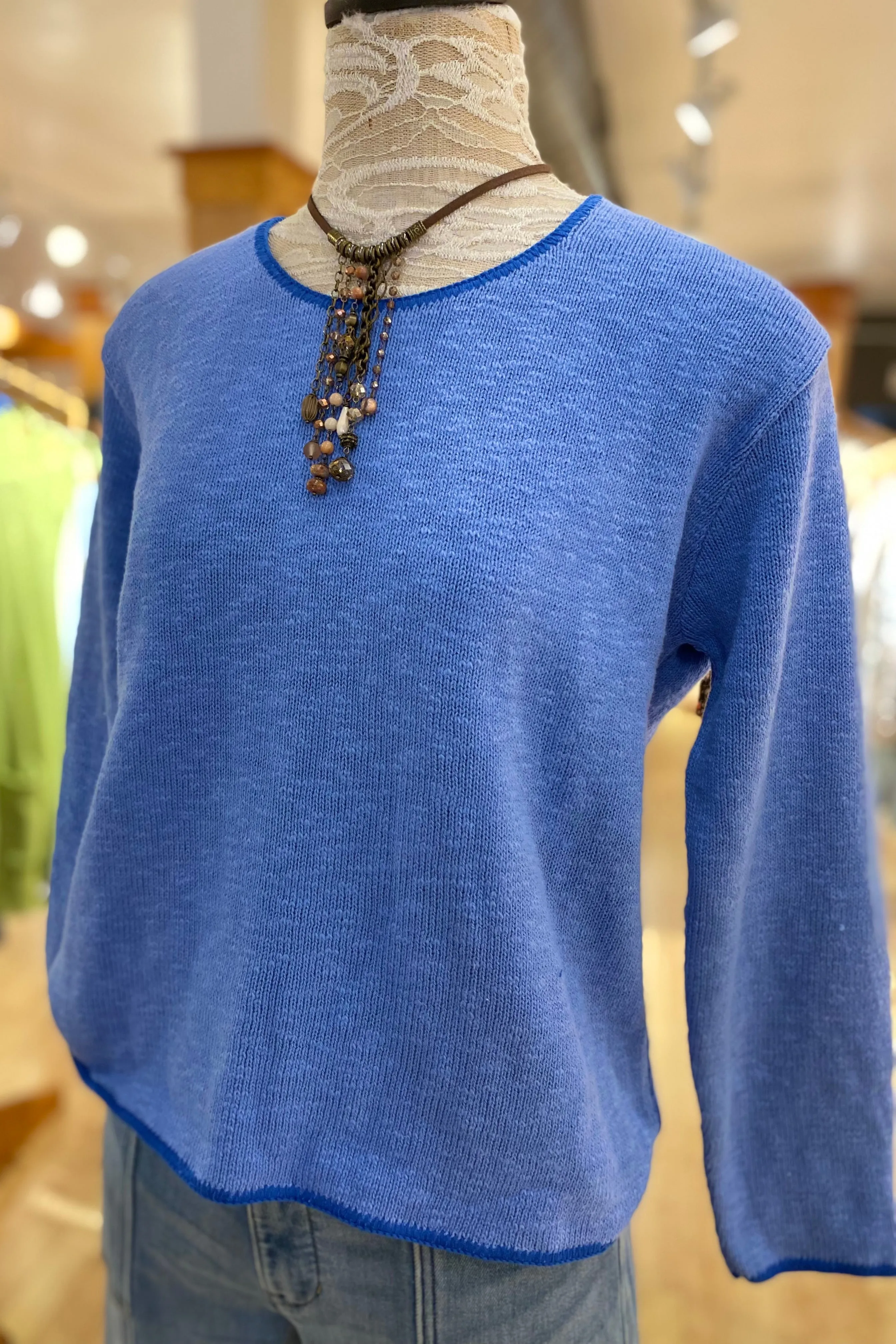 Crew Neck Cotton Sweater with Piping
