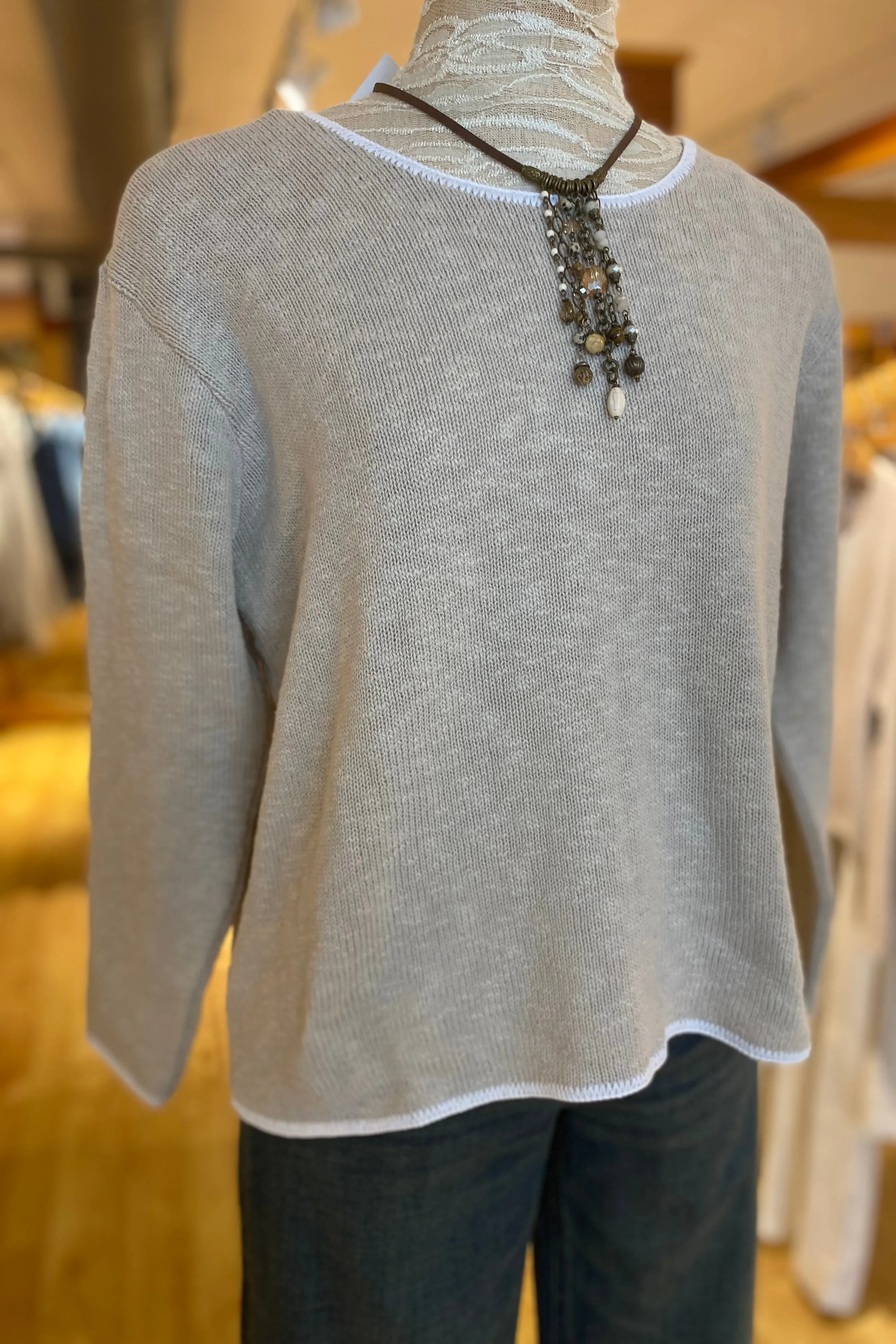 Crew Neck Cotton Sweater with Piping