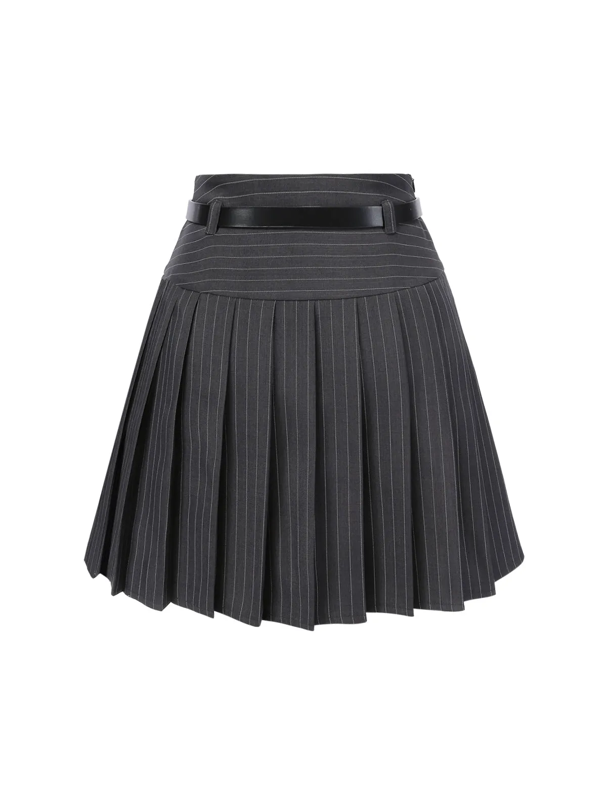 Dark Gray 1960s Pinstripes Belted Pleated Skirt