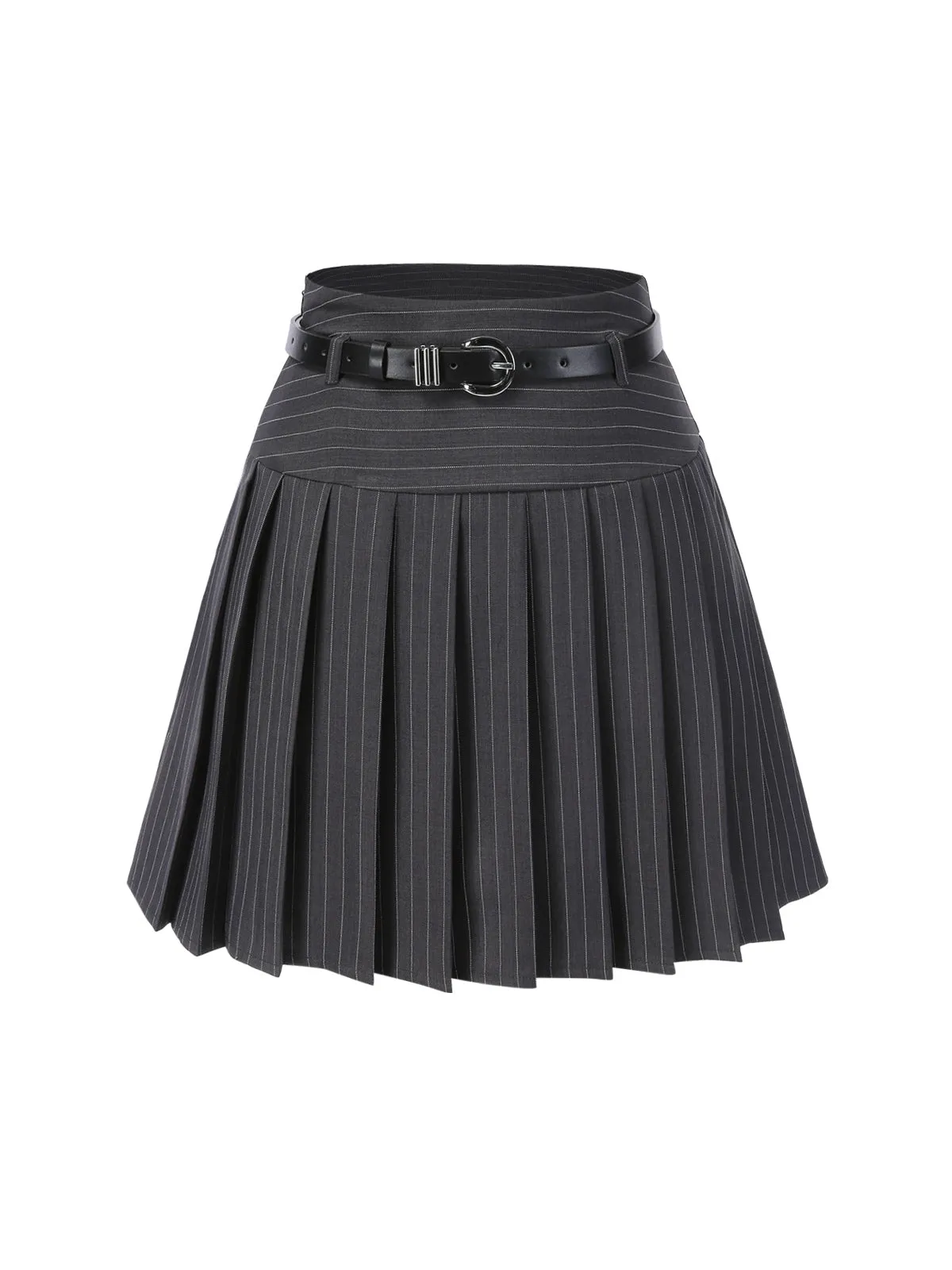 Dark Gray 1960s Pinstripes Belted Pleated Skirt