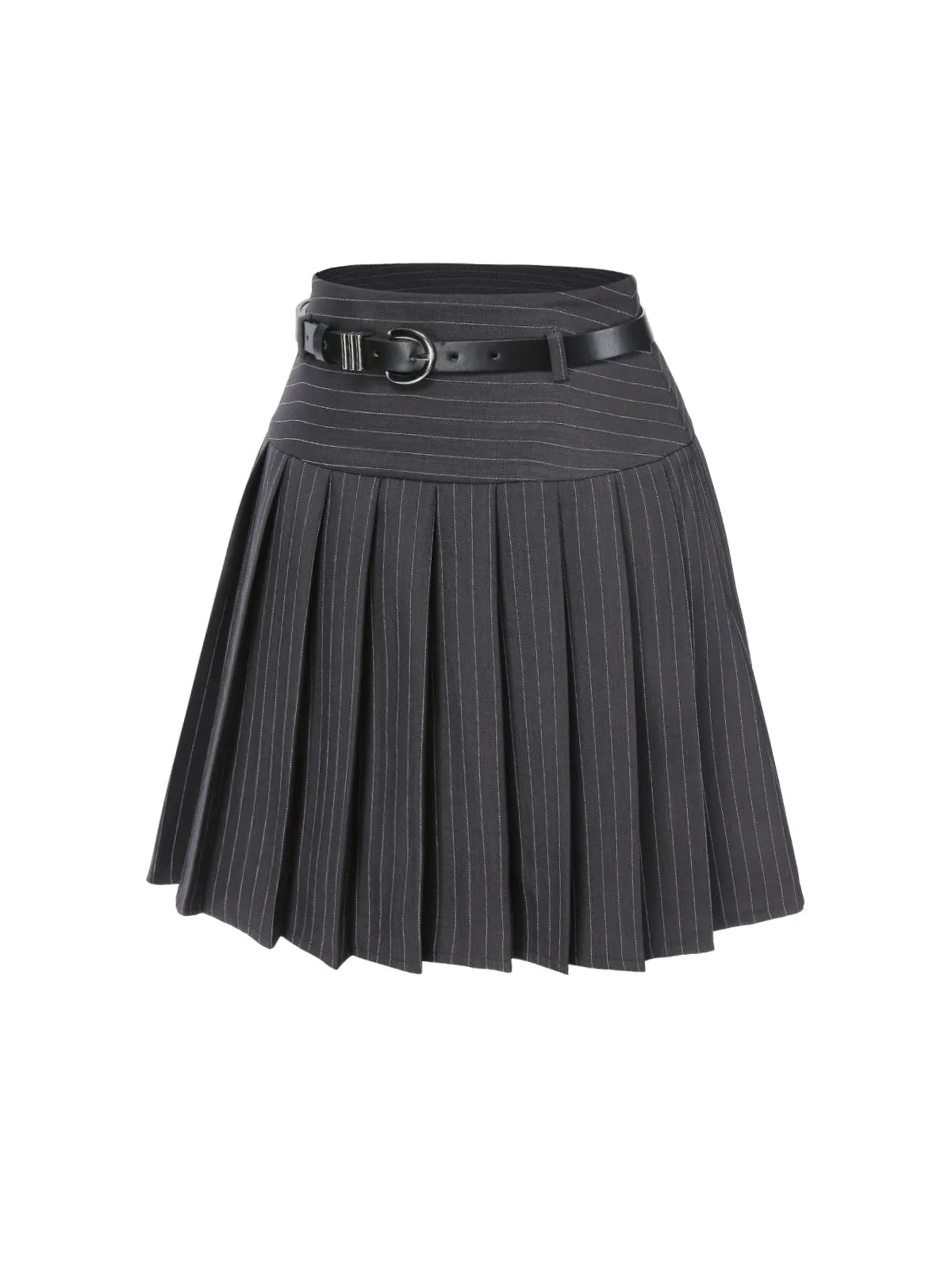 Dark Gray 1960s Pinstripes Belted Pleated Skirt
