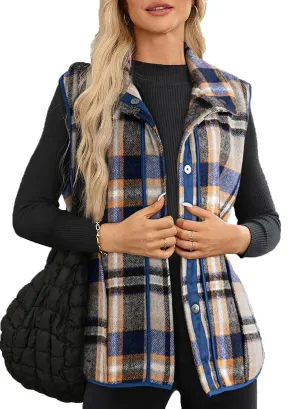 Dokotoo Womens Vest Fall Fashion 2024 Plaid Vest Tops Lapel Button-Down Collar Pockets Sleeveless Jacket Casual Trendy Winter Coats for Women Blue Medium