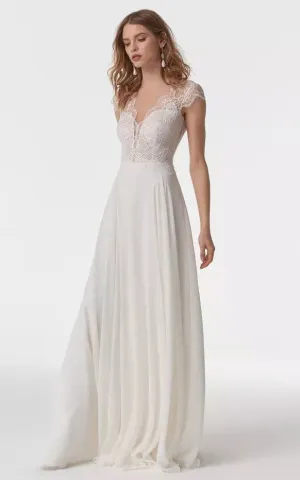 Elegant A Line Chiffon Long Sleeve Illusion Cap Wedding Dress with Lace-716116